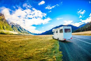 Tourist motorhome on the roadside in New Zealand's mountainous South Island